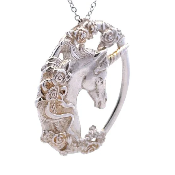 Estate 925 Sterling Silver Unicorn Whimsical Fantasy Oval Statement Pendant